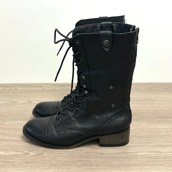 Steve Madden Leather Lace Up Combat Boots Black Foldover Aztec Print 7.5M - Picture 2 of 8
